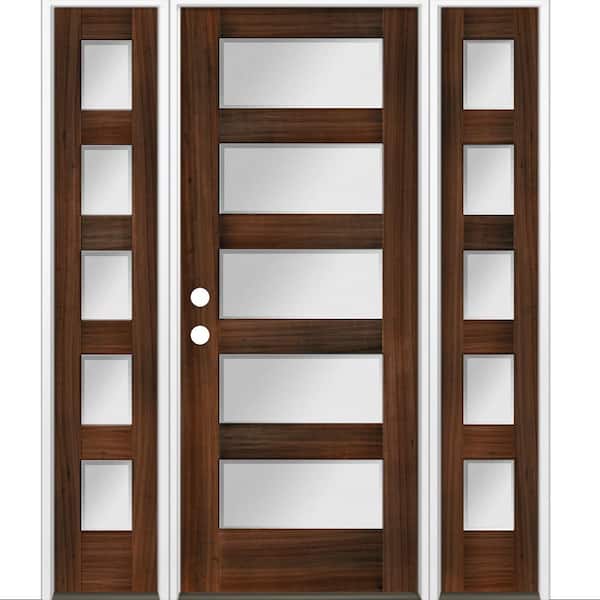 Krosswood Doors 64 in. x 80 in. Modern Hemlock 5-Lite Right-Hand/Inswing Frosted Glass Red Mahogany Stain Wood Prehung Front Door w/DSL
