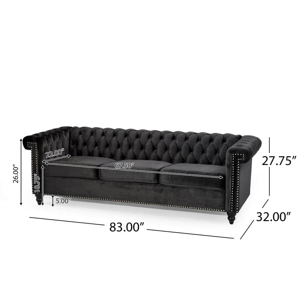 Black Velvet Chesterfield Sofa with Nailhead Trim and Flared Arms