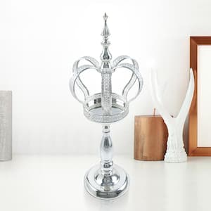 Silver Table Decor Decorative Crown Crystal Bead Metal Accent Piece with Straight Stand 17 in.