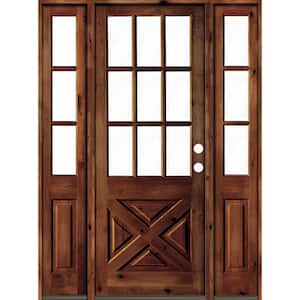 60 in. x 96 in. Alder 2 Panel Left-Hand/Inswing Clear Glass Red Chestnut Stain Wood Prehung Front Door w/Double Sidelite