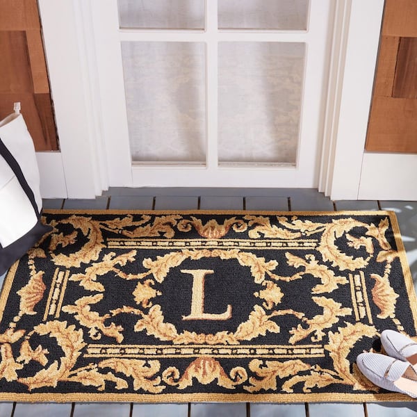 Monogram Black 3 ft. x 4 ft. "L" Ornate Leaf Indoor/Outdoor Area Rug