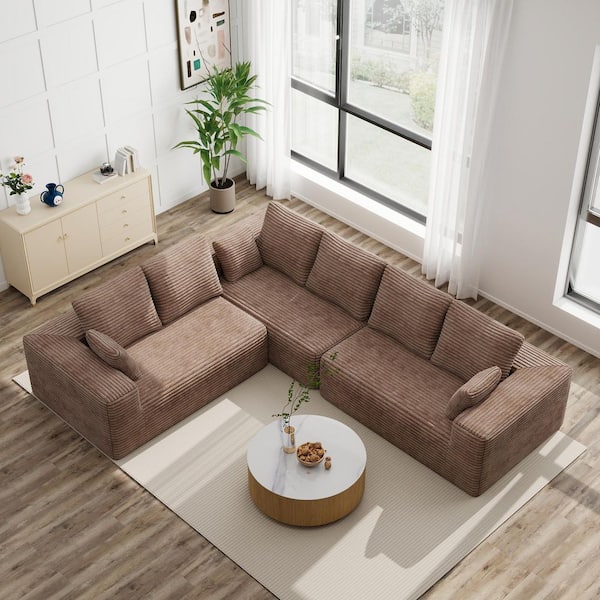 134 in. W Square Arm 3-Piece Corduroy Oversized 8-Seater Modular Free Combination Sectional Sofa in. Brown