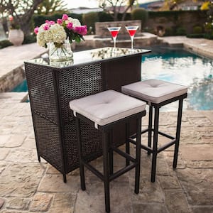 3-Piece Wicker Outdoor Serving Bar Set with Light Brown Cushions