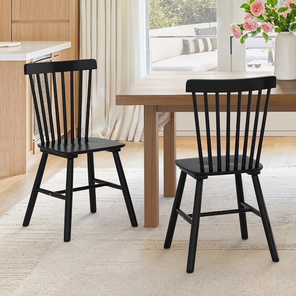 Orangeone Windsor Black Solid Wood Dining Chairs with Curving Spindle Back for Kitchen and Dining Room Set of 2