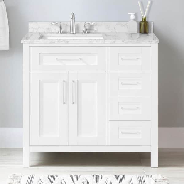 Tahoe 36 in. Single Sink Freestanding White Bath Vanity with White Engineered Marble Top (Assembled)