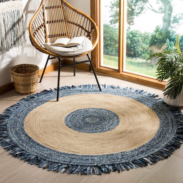 Cape Cod Ivory/Denim Doormat 3 ft. x 3 ft. Round Gradient Border Area Rug