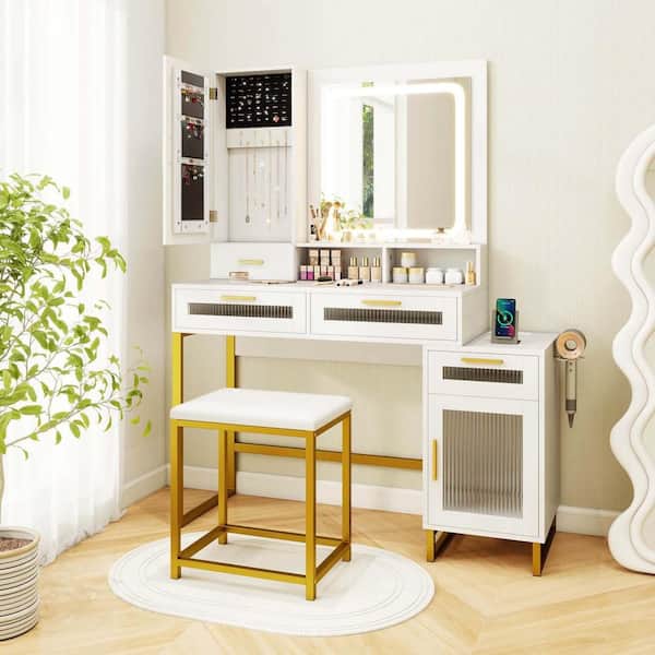 Costway 2-Piece White Modern Makeup Vanity Set with Mirror and Lights 3 Lighting Modes and Adjustable Brightness
