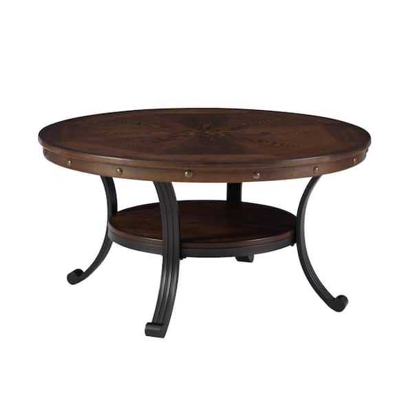 Powell Company Franklin 36 in. Umber Brown Round Wood Coffee Table with Shelf