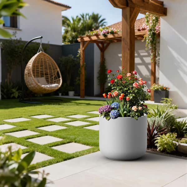 17.5in.W x 16in.H Concrete Extra Large Tall Round Pearl White Flower Planter Plant Pot with Drainage Hole