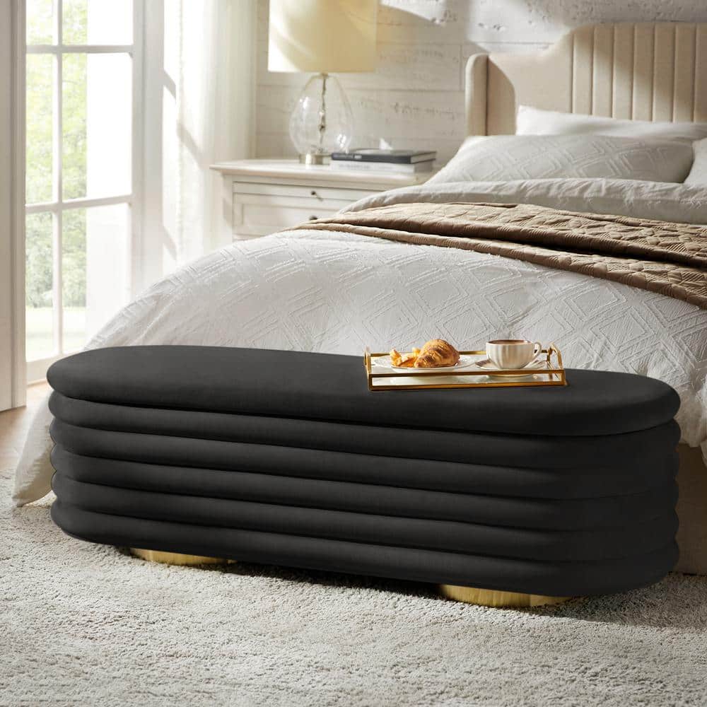 Zebulon Black 54 in. Velvet Upholstered Accent Storage Bedroom Bench