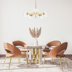 Aries 5 Light Mid Century Modern Brushed Gold with Clear Ribbed Glass Shades Chandelier For Dining Rooms