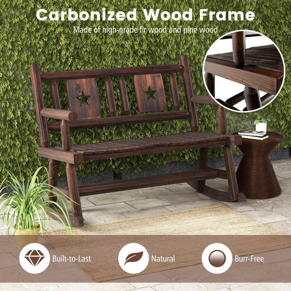 Rustic Brown Pine and Fir Wood 2-Person Outdoor Rocking Loveseat