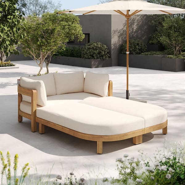 Donovan Armrest Solid Wood Patio Outdoor Day Bed with Beige Cushions and Pillows, Curved Frame, Teak Finish