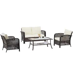 4-Pieces Outdoor Wicker Patio Conversation Set with White Cushions