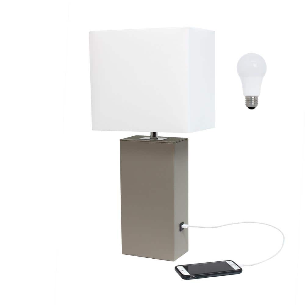 21 in. Gray Modern Leather Wrapped Table Lamp, with LED Bulb Included