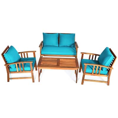 4-Piece Wood Patio Conversation Set with Turquoise Cushions