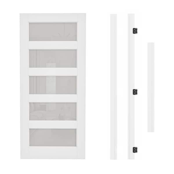 36 in. x 80 in. 5-Lite Frosted Glass Right Hand White Solid Core Glass Single Prehung Interior Door+ Quick Assemble Jamb
