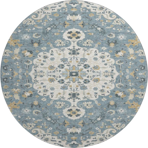 Mayfield Premium Machine Washable Abstract AMF2463 Ivory 8 ft. x 8 ft. Round Rug