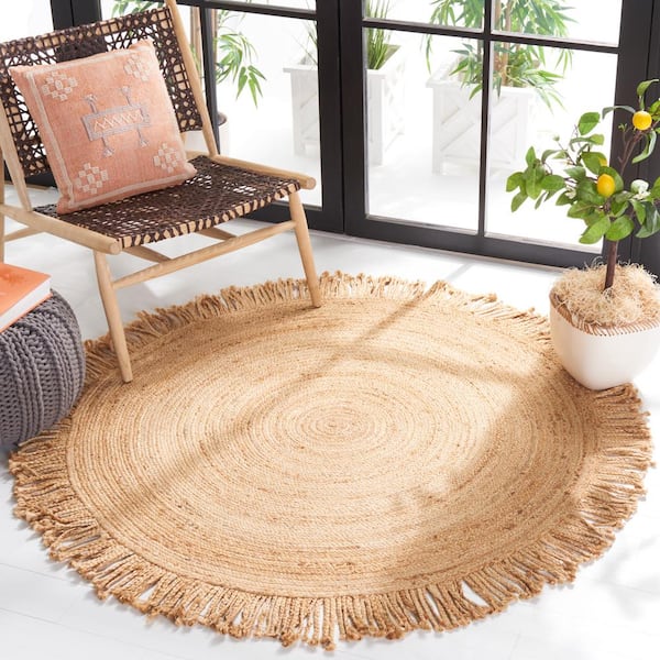 Braided Natural 4 ft. x 4 ft. Abstract Border Round Area Rug