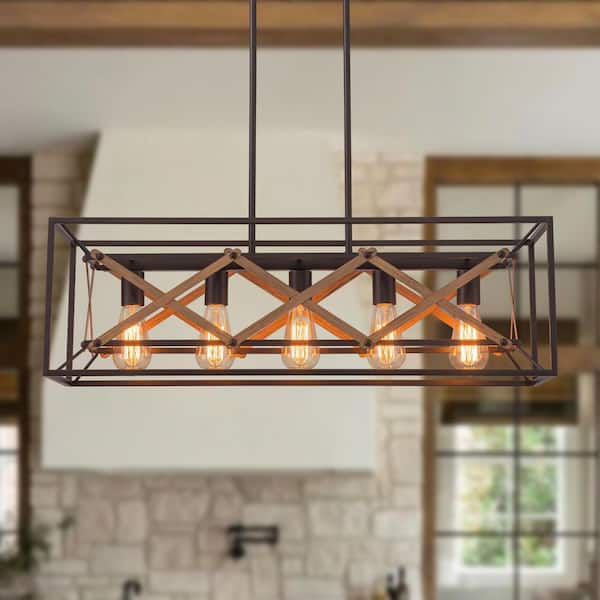 HUOKU Fortaleza 5-Light 31.5 in.W Oil Rubbed Bronze Chandelier in Rectangular Open Frame with Fence Accent for Kitchen Island