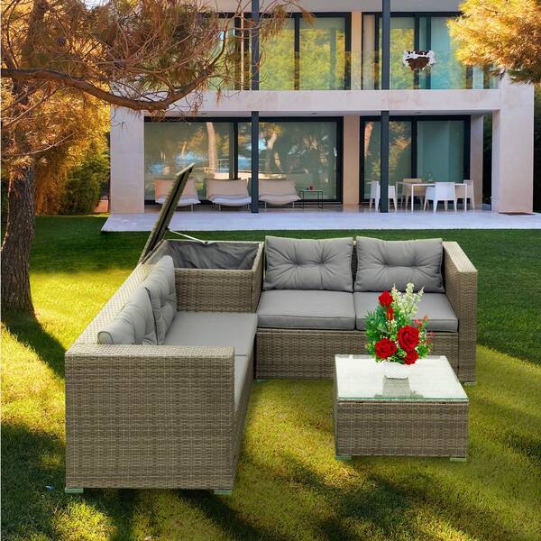 Grey 4 Piece Wicker Rattan Outdoor Patio Sectional Set Furniture Sofa Set with Storage Box and Grey Cushions