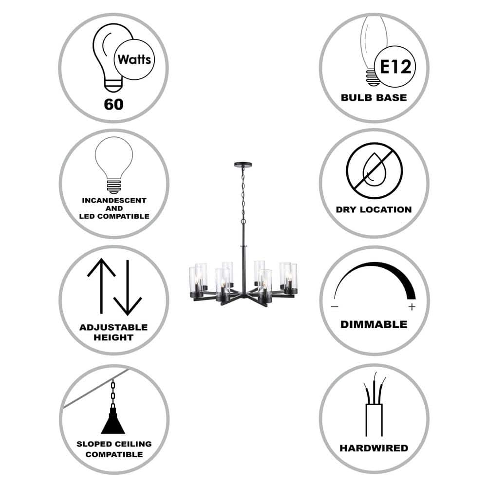 Meadowlark Modern Farmhouse 8-Light Black Chandelier with Clear Glass Shades