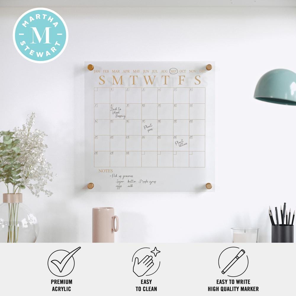 Clear Gold Acrylic Monthly Wall Calendar with Dry Erase Marker