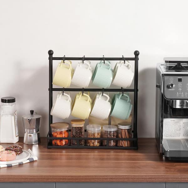 VEVOR Coffee Mug Holder for Countertop, 16-Hooks Coffee Cup Holder with Storage Base, 2-Tier Mugs Tree Rack Carbon Steel