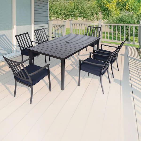 MOD Carter 7-Piece Aluminum Outdoor Dining Set w/ Navy Cushions with All-Weather Frames, 6 Chairs, 72 in. x40 in. Slat Table