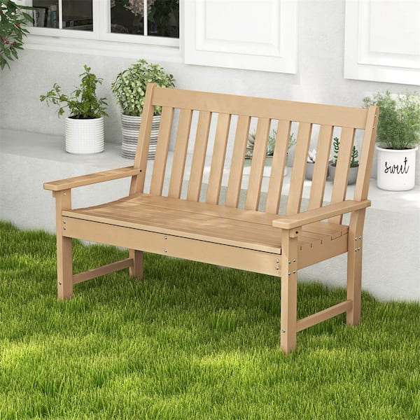 Garden Bench All-Weather HDPE 2-Person Natural Plastic Outdoor Bench for Front Porch Backyard