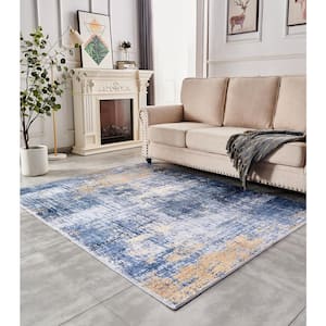 Zara Contemporary Blue/Gold 3 ft. x 5 ft. Washable Super Soft with Abstract Design Area Rug