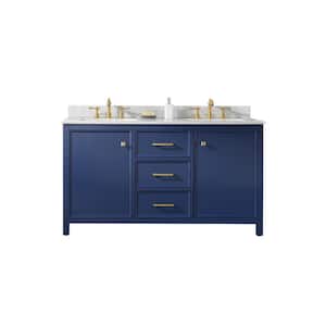 60 in. W x 22 in. D Vanity in Blue with Marble Vanity Top in White with Double White Basins with Backsplash