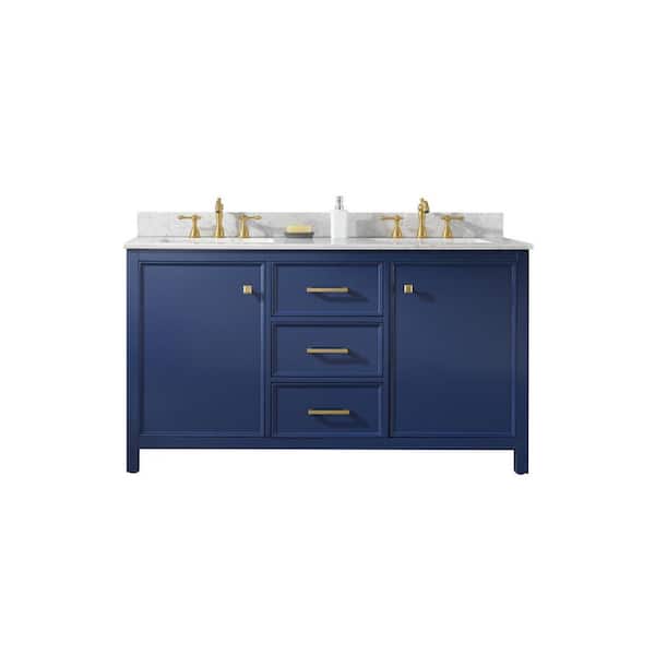 Legion Furniture 60 in. W x 22 in. D Vanity in Blue with Marble Vanity Top in White with Double White Basins with Backsplash