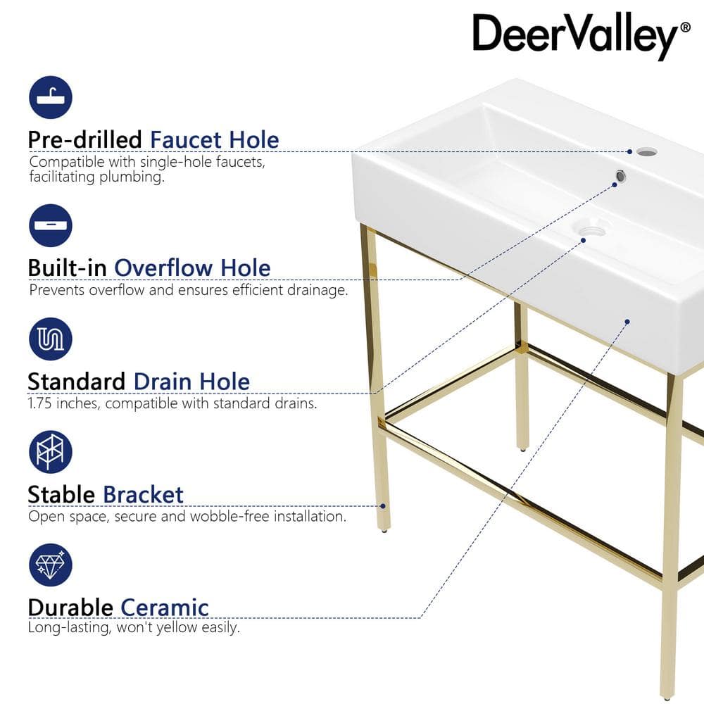 White Ceramic Console Sink with Gold Stainless Steel Frame