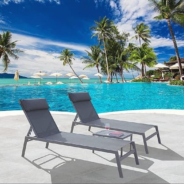 Unbranded 3-Piece Gray Steel Patio Chaise Lounge Set, Reclining Chairs with Adjustable Backrest, Headrest, Coffee Table for Garden