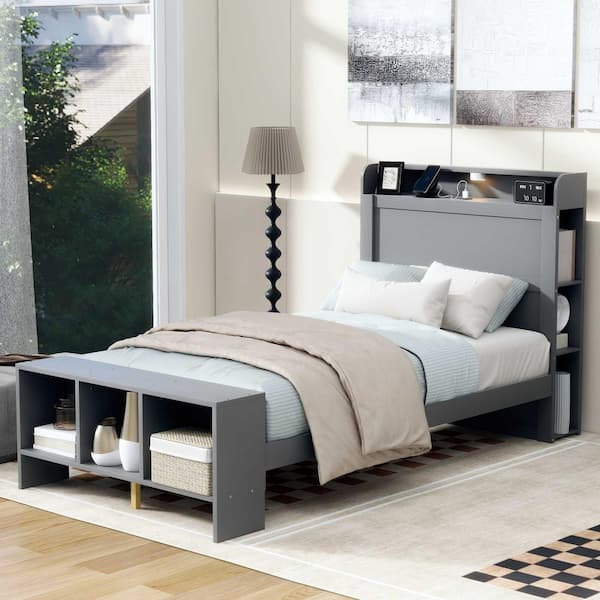 Nestfair Gray Wood Frame Twin Platform Bed with Shelves, LED Light and USB Ports
