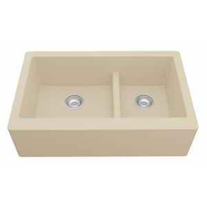 Farmhouse/Apron-Front Quartz Composite 34 in. Double Offset Bowl Kitchen Sink in Bisque