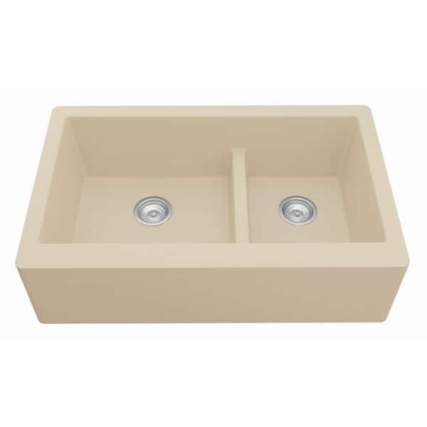 Farmhouse/Apron-Front Quartz/Granite Composite 34 in. Double Offset Bowl Kitchen Sink in Bisque