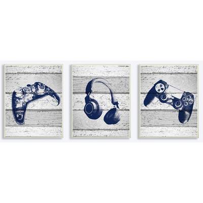 10 in. x 15 in. "Video Gamer Trio Controllers Headset Blue Graphics on Planks" by Daphne Polselli Wood Wall Art