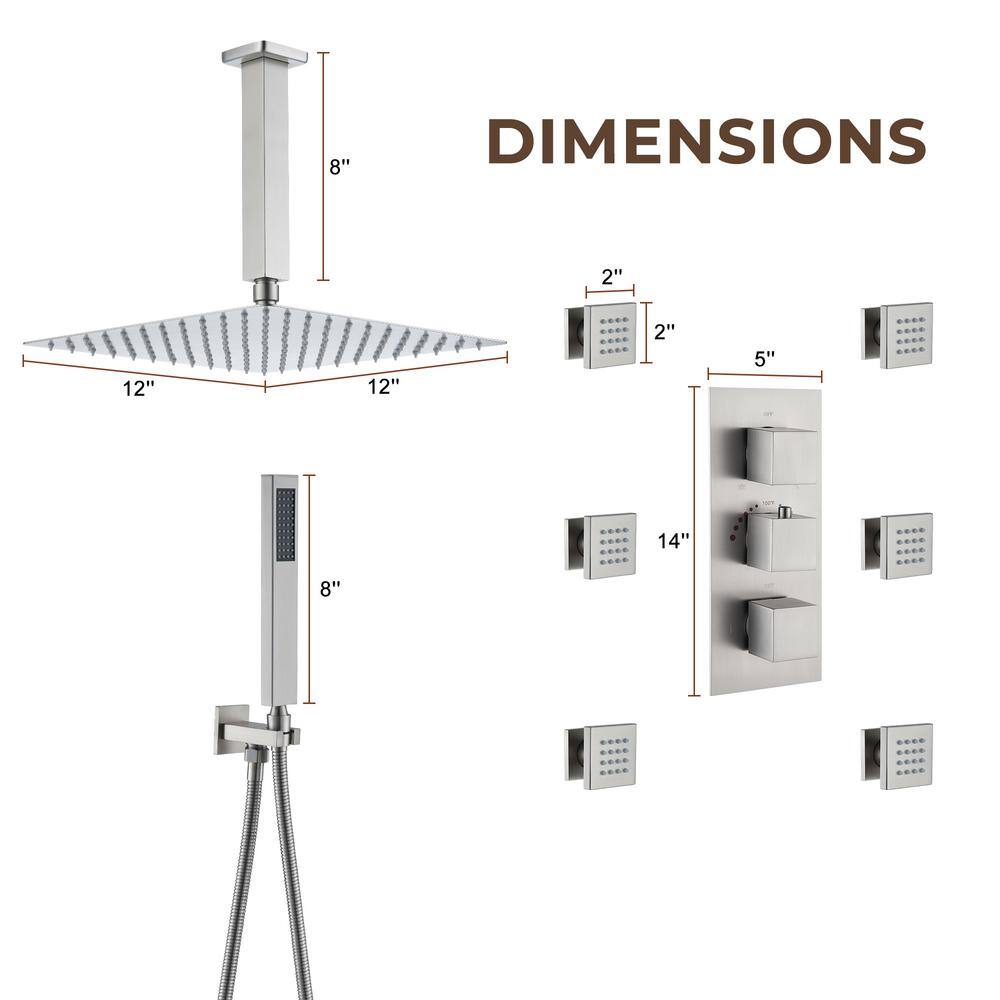 Brushed Nickel Ceiling Mounted Dual Shower System with Body Jets