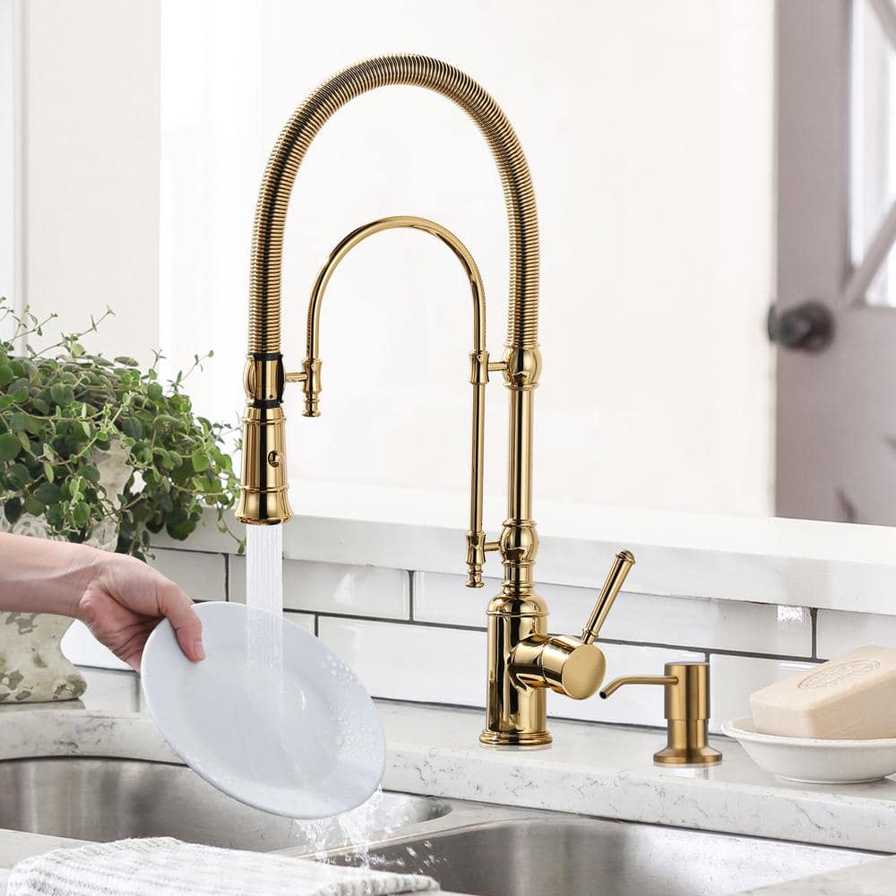 Brushed Gold Single Handle Pull Down Kitchen Faucet with Soap Dispenser