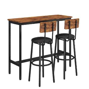 Industrial 3-Piece Rectangle Rustic Brown Wooden Top Bar Table Set with 2 Faux Leather Upholstered Bar Stools for Two