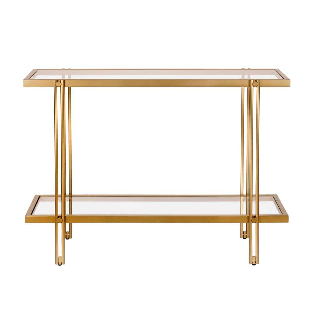 Modern Brass Finish Metal Console Table with Glass Shelf