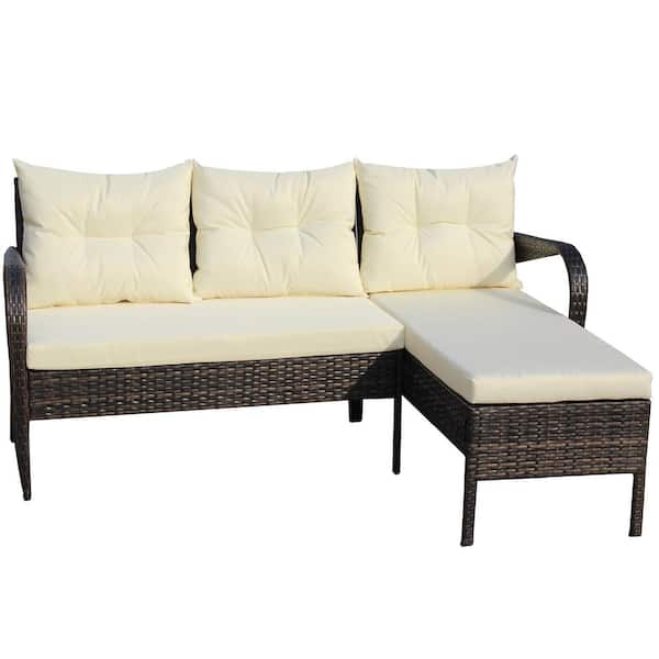 JimsMaison 2-Piece Wicker Patio Outdoor Sectional Furniture Set with Beige Cushions
