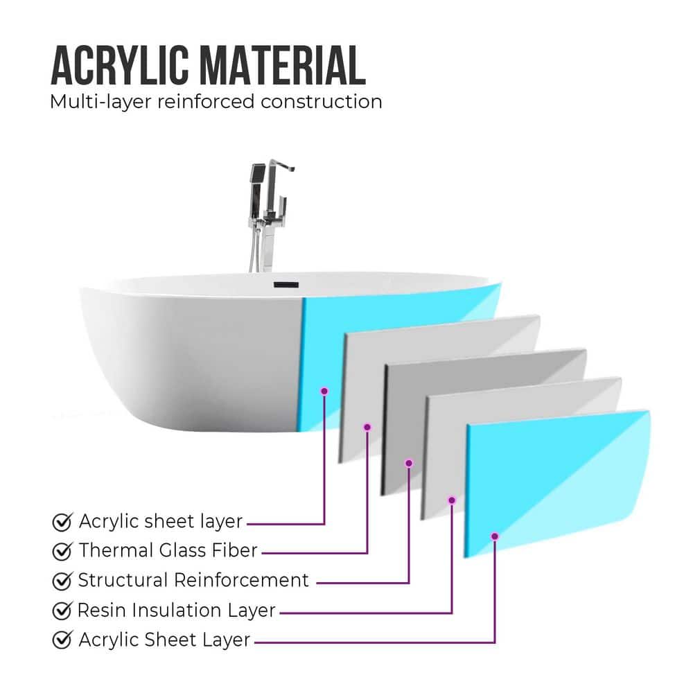 59" White Acrylic Freestanding Soaking Bathtub with Matte Black Drain