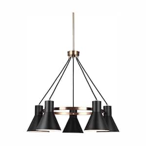 Towner 5-Light Satin Brass Accents Chandelier with LED Bulbs Black Shade