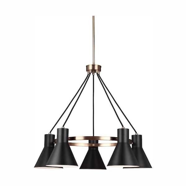 Generation Lighting Towner 5-Light Satin Brass Accents Chandelier with LED Bulbs Black Shade