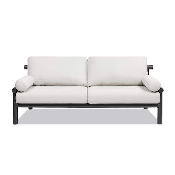Jennifer Taylor Zara 73.5 in. Beige Dowel Frame Bolster Axroma Aluminum Patio Outdoor Deep Seating Sofa Couch with Cushions