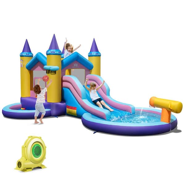 6-in-1 Kids Inflatable Water Slide Bounce House with Slide Splash Pool with 735W Blower