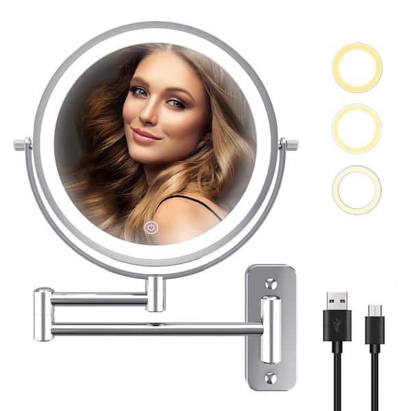 yulika 8 in. W x 8 in. H Round LED Metal Wall Miror 7 x Magnification Bathroom Makeup Mirror in Chrome